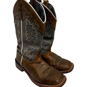 Laredo Isle Women Cowgirl Boots Square Toe Leather Distressed Brown Blue gray 7M